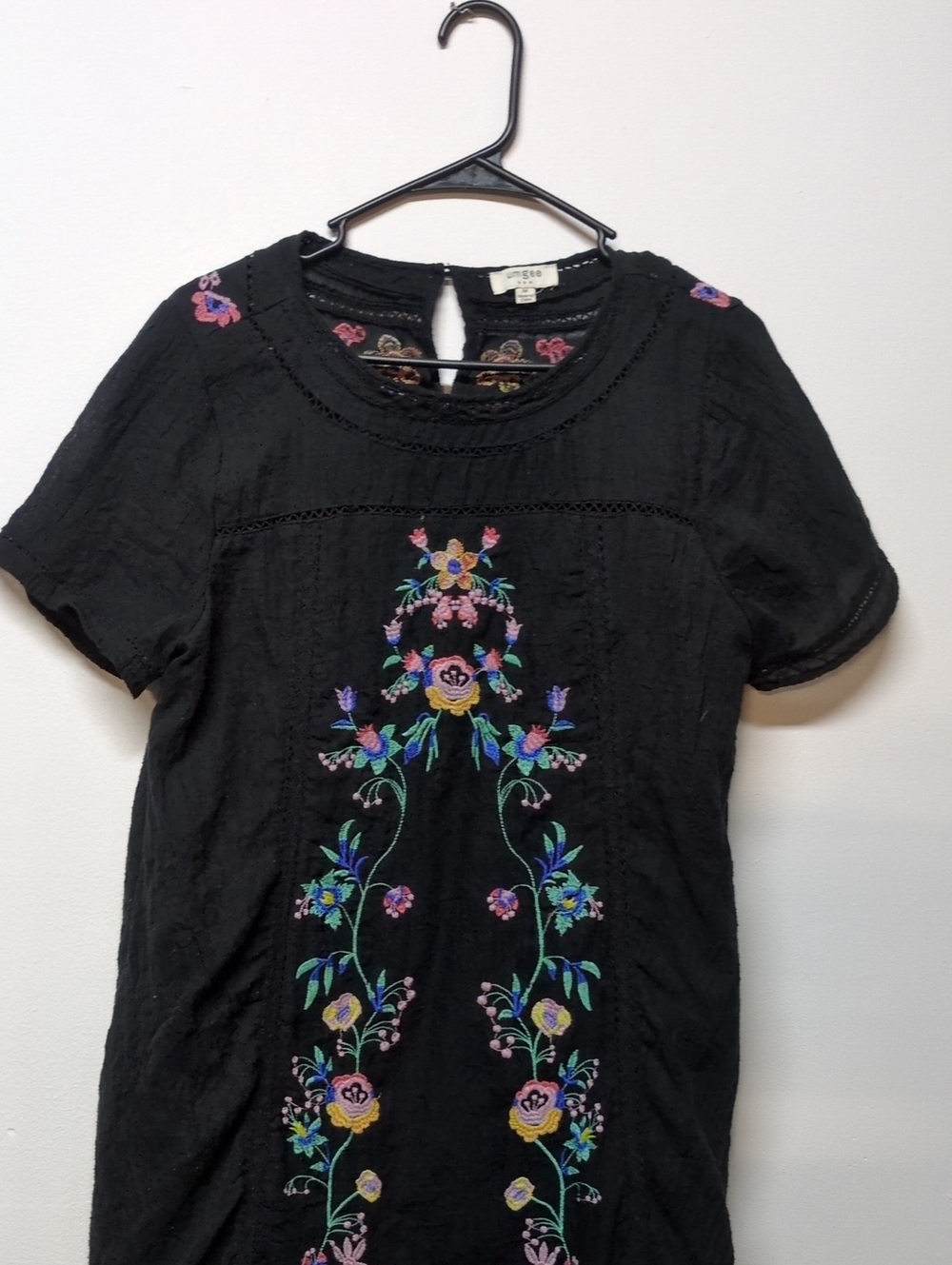 Umgee Floral Embroidered Black Tunic Dress Lined Boho Crochet Cotton Size M - Picture 3 of 11